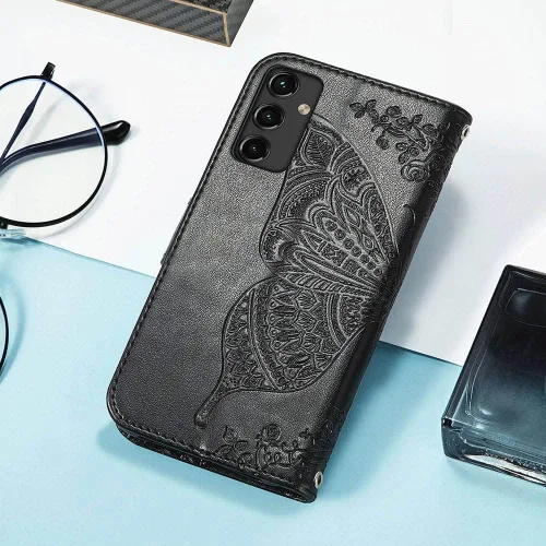 Vista 6 de Funda para teléfono Galaxy A14 5G, funda de piel sintética en relieve de mariposa con tarjeteros para tarjetas de crédito, correa de muñeca