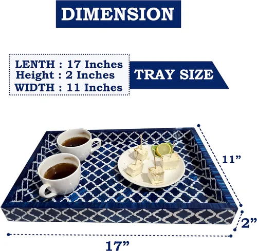 Vista 2 de Bandeja de servir hecha a mano con incrustaciones de hueso, bandeja de desayuno de damasco marroquí azul y blanco, bandeja rectangular de madera