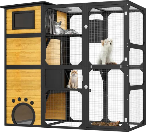 Vista 5 de Merax Catio - Caja grande para gatos de 4 niveles para exteriores, casa para gatos resistente a la intemperie fijada a la ventana para múltiples