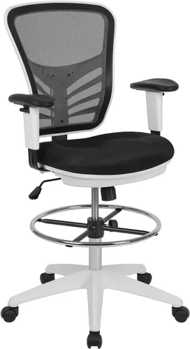 Vista 8 de Flash Furniture Silla de dibujo ergonómica de malla gris claro con anillo de pie cromado ajustable, brazos ajustables y marco negro Malla gris