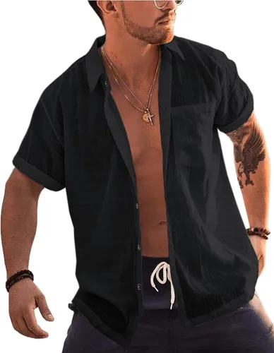 Vista 9 de Bbalizko - Camisas de manga corta para hombre con botones, de lino y algodón, para la playa, con cuello abierto, lisas, de verano, con bolsillo