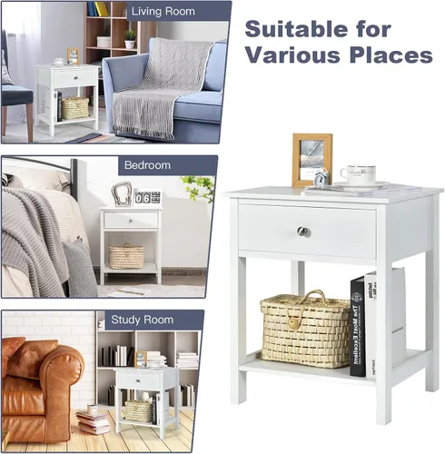 Vista 8 de COSTWAY 2PCS Mesita de noche con cajón Estante de almacenamiento de madera Mesita de noche Sofá Mesa auxiliar Blanco