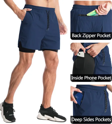 Vista 2 de Aolesy Pantalones cortos de correr 2 en 1 para hombre, pantalones cortos deportivos de entrenamiento para hombre, de secado rápido, ligeros