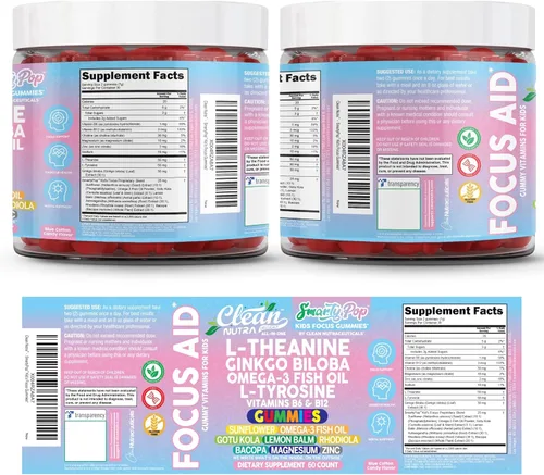 Vista 9 de Clean Nutra Kids Focus - Gomitas con L-teanina, ginkgo biloba, aceite de pescado omega-3, L-tirosina, vitamina B6, B12-60 unidades, etiqueta limpia