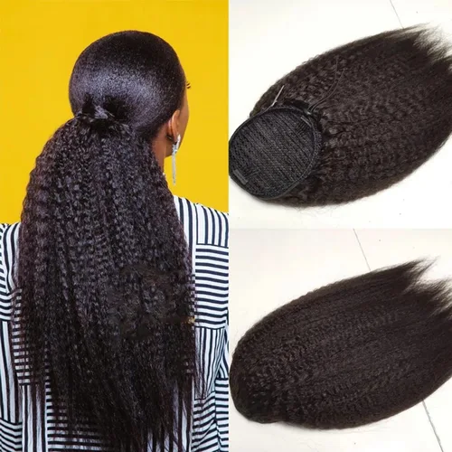 Vista 15 de Cola de Caballo de Cabello Humano Corto Rizado Crespo Envolvente con Clips Extensiones de Cola de Caballo de Pasta Mágica 120g/juego Pieza