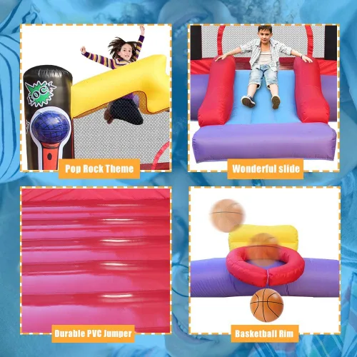 Vista 7 de BESTPARTY Casa inflable de rebote con soplador para niños, tema de estrella pop, tobogán hinchable y gran área de salto, para patio, patio trasero