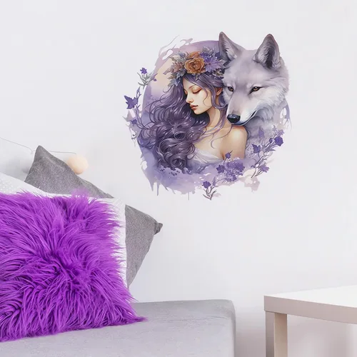 Vista 3 de Calcomanías de pared de niña lobo púrpura vívida, calcomanías creativas de pared de arte frío de belleza fría, vinilo extraíble para despegar