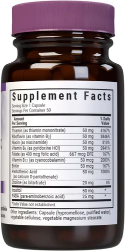Vista 2 de Bluebonnet Nutrition B Complex 50 cápsulas vegetales, espectro completo completo, vitamina B6, B12, biotina, folato, vegano, vegetariano, sin