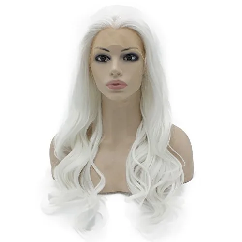 Vista 4 de mxangel largo ondulado mitad Atados a mano blanco sintético Lace Frente Peluca de Cosplay