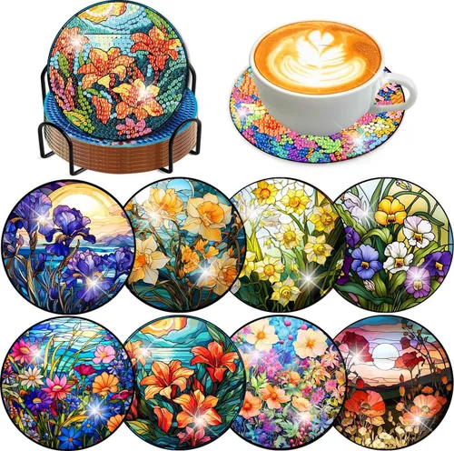 Vista 19 de Meothan Juego de 8 posavasos de arte de diamante para adultos con soporte, almohadillas de corcho, posavasos de arte de puntos de diamante de vidrio