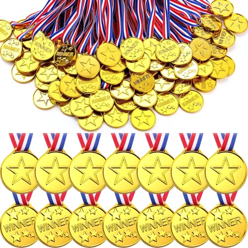 Vista 7 de Sotiff Medallas ganadoras de plástico para niños, medallas de oro para fiestas, juegos, deportes, disfraces y más, 1.4 x 1.7 pulgadas