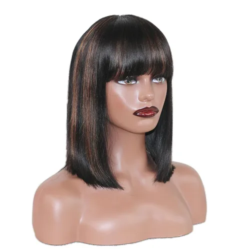 Vista 21 de Peluca de cabello humano lacio rubio 613 de 15 pulgadas con flequillo, sin pegamento, sin encaje frontal, Yaki Bob para mujer