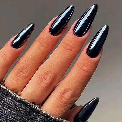 Vista 13 de Uñas postizas a presión cromadas de bronce y almendra mediana, uñas postizas de aguja con diseño brillante, uñas postizas acrílicas de metal