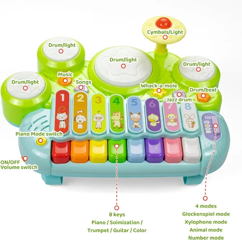 Vista 4 de Marstone Juguetes para niños y niñas de 1 año: Juguetes musicales para bebés de 1 a 3 años, juego de batería de piano para bebés de 6 a 12 meses, 12