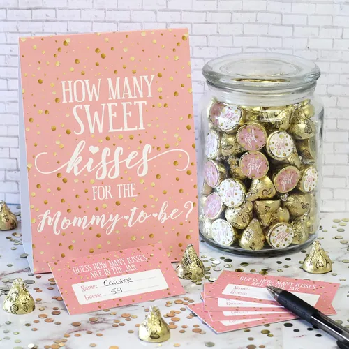Vista 2 de DISTINCTIVS Juego de baby shower cuántos besos - rosa y dorado (firmar con tarjetas)