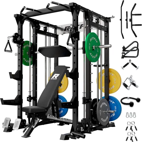 Vista 17 de RitFit Máquina Buffalo Smith, jaula eléctrica con sistema LAT-Pull Down y sistema de cruce de cables, estante de sentadillas todo en uno