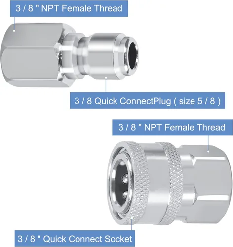 Vista 2 de Juego de 2 juegos NPT de acero inoxidable macho y hembra de 3/8 pulgadas, conectores rápidos macho y hembra, accesorios de conexión rápida de 3/8