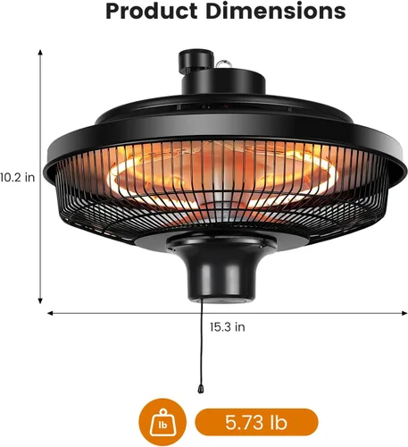 Vista 2 de Fanspex Calentador Colgante de Patio, Calentadores Eléctricos de 1500W por Infrarrojos para Hogar, Cenador, Garaje, Invernadero, Montaje en Techo