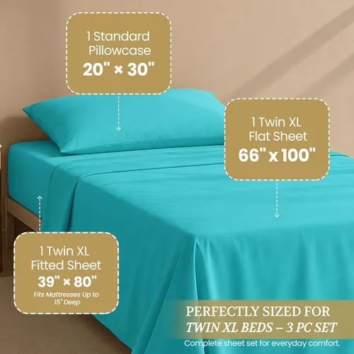 Vista 8 de Juego de sábanas Crescent Bedding de 100% algodón, extralargas, suaves y cómodas para cama de dos plazas Aqua Blue