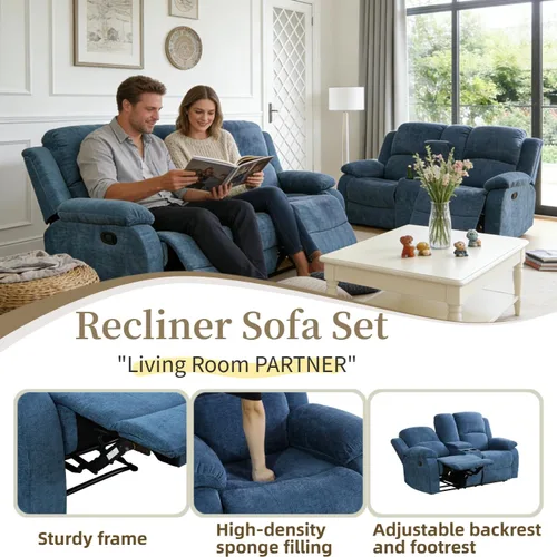 Vista 4 de Juego de sofá reclinable manual, juego de sofá reclinable de microfibra, juego de muebles modernos para sala de estar, sofá reclinable para sala
