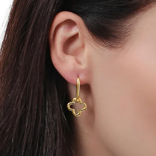 Vista 2 de ToHeart Aretes de trébol de oro para mujer, aretes de aro de trébol de oro de 14 quilates, ligeros, aretes de trébol de cuatro hojas, regalos