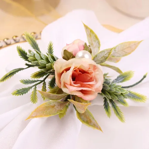 Vista 4 de 6 servilleteros de piña de Navidad, servilleteros de Navidad con rosa artificial y perla sintética, servilleteros florales verdes para decoración