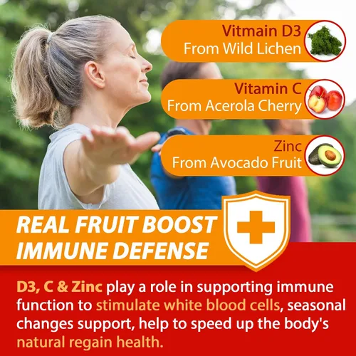 Vista 3 de Gomitas de vitamina C + D3 + zinc sin azúcar para adultos mayores de 50 años, suplemento de defensa inmunológica 9 en 1 con D3 5000IU, saúco