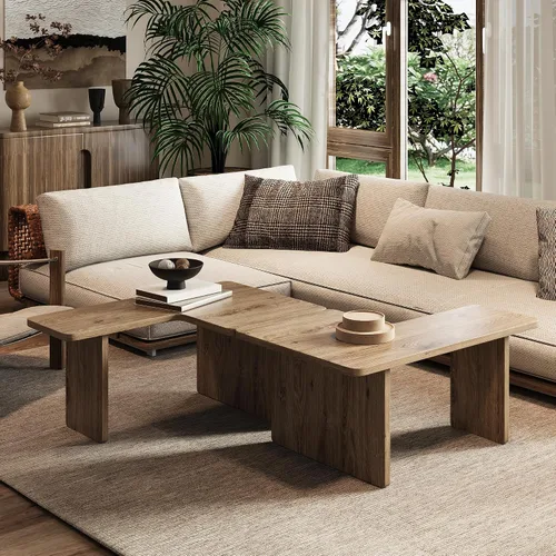 Vista 3 de Mesa de centro moderna doble en forma de L, mesa central con acabado de madera de roble, dispuesta libremente para adaptarse a cualquier espacio