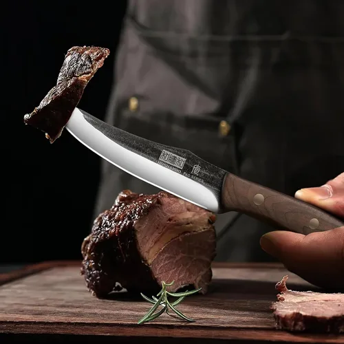 Vista 6 de HOSHANHO Juego de 6 cuchillos para carne, ultra afilados de 4.5 pulgadas, no dentados, de acero de alto carbono, forjados a mano con mango de madera