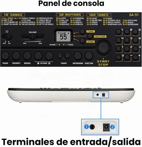 Vista 5 de Casio Casiotone SA-51 Teclado Mini de 32 Teclas - Paquete Negro con Fuente de Alimentación, Pegatinas para Teclas, Libro de Instrucciones y DVD