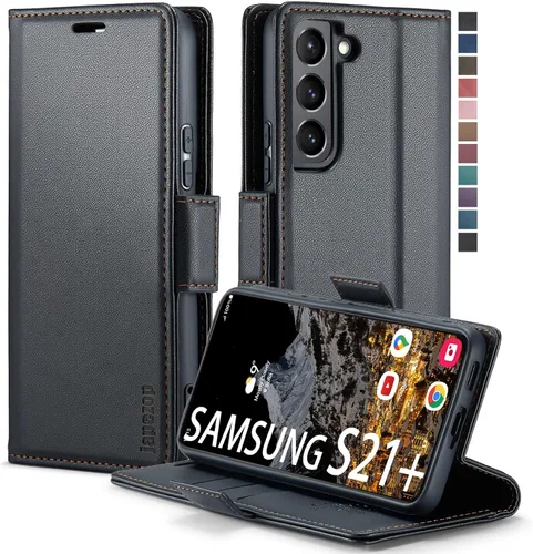 Vista 10 de Funda tipo cartera para Samsung Galaxy S21+ Plus 5G con bloqueo RFID, tarjetero y función atril magnético, funda de piel con tapa para Samsung Negro