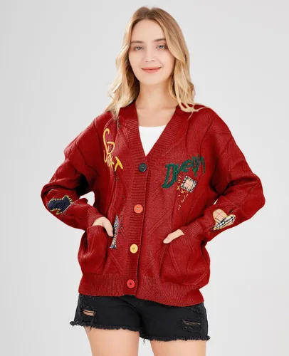Vista 2 de Cárdigan de punto trenzado para mujer, manga larga, frente abierto, con cuello en V, con botones, bordado de mezcla de lana, abrigo para exteriores
