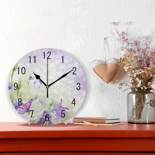 Vista 2 de ALAZA Decoración del hogar Hermosa flor mariposa redondo acrílico 9.5 pulgadas reloj de pared sin tictac silencioso arte para sala de estar, cocina