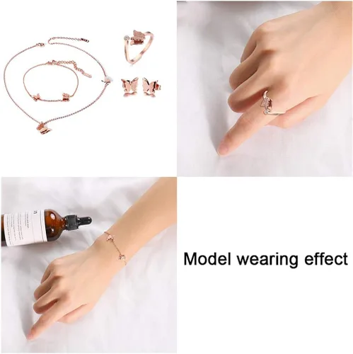 Vista 5 de Cupimatch Butterfly Bracelet Ring Earrings Necklace Set, 18k Rose Gold Plated love Jewelry Gift Set for Women Girls
