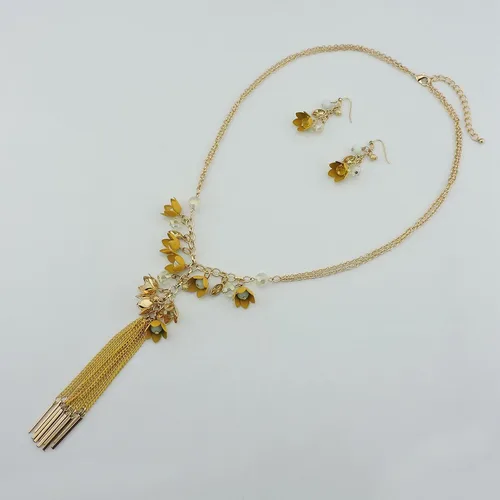 Vista 4 de BOCAR Cadena larga de 2 capas con dije de flor único, borlas y aretes, juego de joyería para mujer, Acrílico