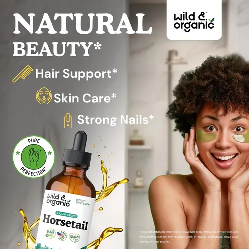 Vista 2 de Wild & Organic Tintura de Hierba Cola de Caballo - Soporte para Cabello, Piel y Uñas - Suplemento Líquido de Cola de Caballo - Gotas Veganas