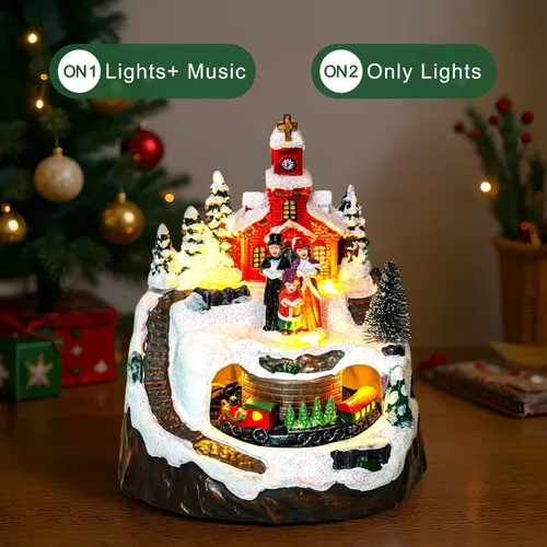 Vista 7 de MXwcy Decoración animada de pueblo navideño – Coro de iglesia iluminado y tren en movimiento en montaña nevada – Centro de mesa de estatua