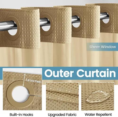 Vista 4 de EUTXL Cortina de ducha beige sin gancho con forro a presión, 230 GSM, cortinas de ducha para baño, 71 pulgadas de ancho x 74 pulgadas de alto