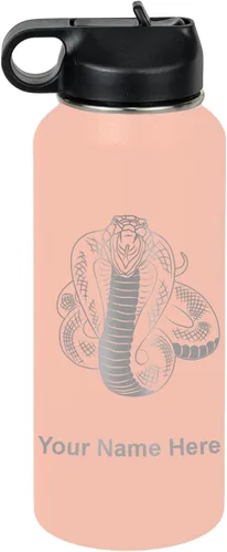 Vista 72 de LaserGram Botella de agua personalizada, serpiente de cobra, acero inoxidable de doble pared aislada al vacío con popote superior, regalo grabado