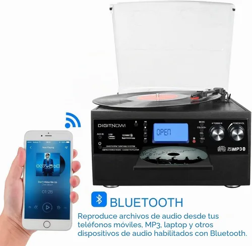 Vista 3 de FEKTIK Tocadiscos Bluetooth 10 en 1 con altavoz incorporado, reproductor de discos de vinilo, casete de CD y radio FM, AUX en USB grabación MP3 Negro
