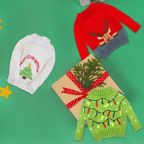Vista 7 de Aoriher 3 piezas de ropa de muñeca de Navidad, accesorios de Navidad, conjunto de suéter pequeño, ropa de punto, alce, Navidad, árbol de Papá Noel