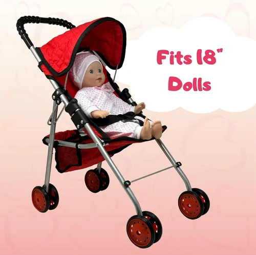 Vista 6 de The New York Doll Collection My First Doll Stroller con Canasta, Cochecito de Muñeca Plegable (Acolchado Rojo)