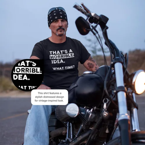 Vista 3 de Camiseta divertida con texto en inglés "That's a Horrible Idea What Time" Negro