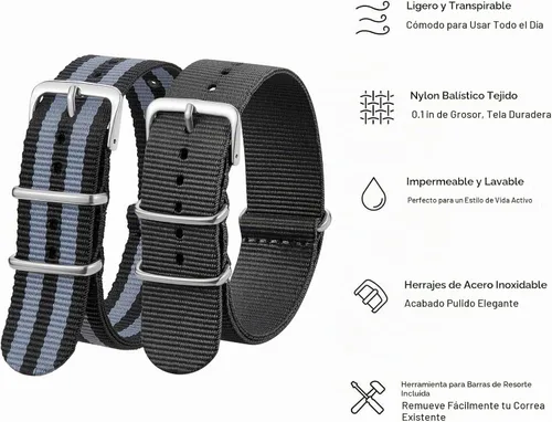 Vista 4 de Correa de Reloj de Nylon de Repuesto de Liberación Rápida con Hebilla Pesada Correas de Reloj para Hombres y Mujeres Negro Gris / Negro