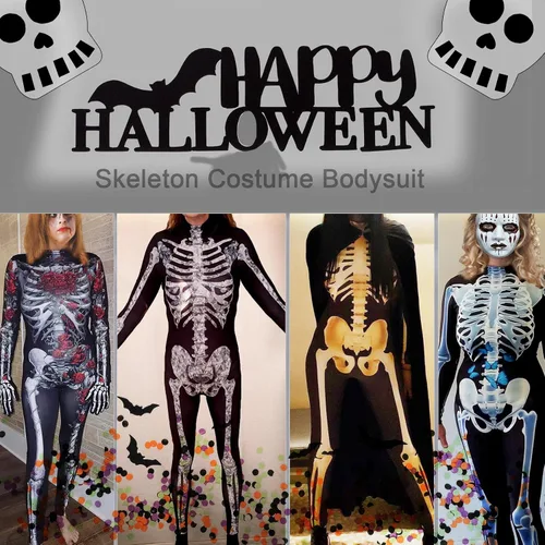 Vista 6 de Disfraz de Halloween para mujer, overol de esqueleto con estampado 3D de hueso de calavera para mujer, overol de esqueleto