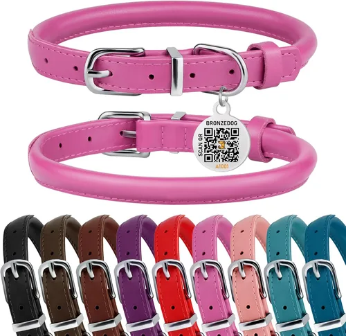 Vista 12 de Collar de perro de cuero enrollado, etiqueta QR, antienredos