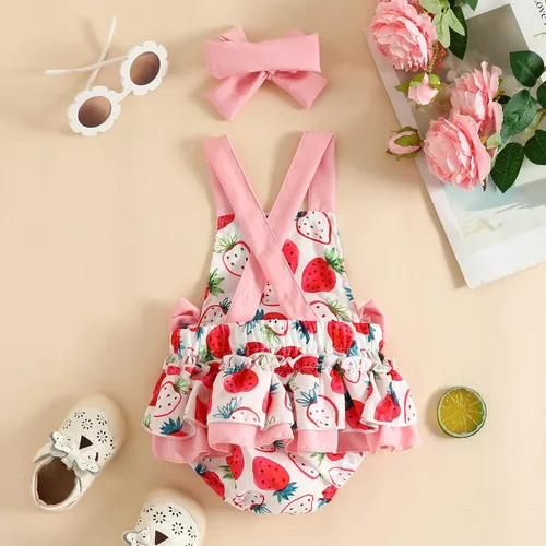 Vista 3 de LBDFBJY Mameluco sin mangas para bebé y niña, sin espalda, estampado de fresa, de verano, de una pieza, con diadema