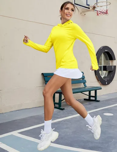 Vista 6 de LUYAA Sudadera con capucha para mujer, con protección solar UPF 50+, transpirable, elástica, de manga larga, para correr, entrenamiento al aire libre