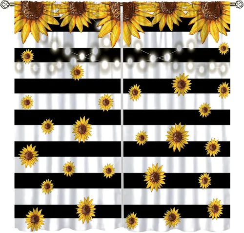 Vista 25 de Sunflower Curtains for Living Room Bedroom, Spring Nature Blue Sky and Butterfly Window Drapes, Rustic Wooden Fence Floral Botanical Decor, 2 Panels