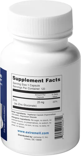 Vista 3 de Suplemento de zinc Gluzin™ 25 mg Gluconato de zinc Etiqueta limpia, 120 cápsulas vegetarianas pequeñas Opción suave y de dosis baja para apoyo